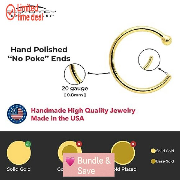 18k Gold Nose Hoop, 20 Gauge 5/16" Handmade Hypoallergenic Piercing - Picture 5 of 8